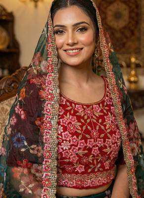 Dark Green Floral Printed Organza Lehenga choli 3