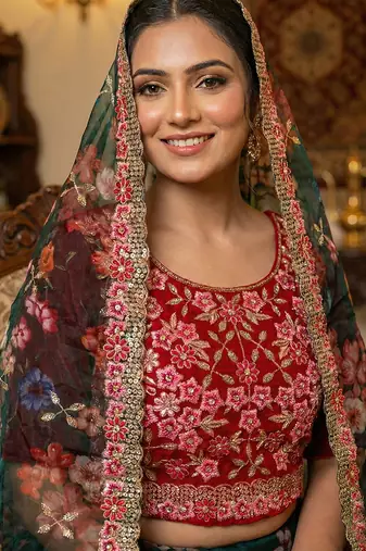 Dark Green Floral Printed Organza Lehenga choli