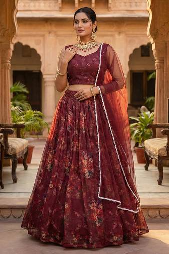 Wine Floral Printed Organza Lehenga set choli dupatta