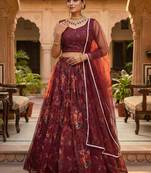 Wine Floral Printed Organza Lehenga set choli dupatta