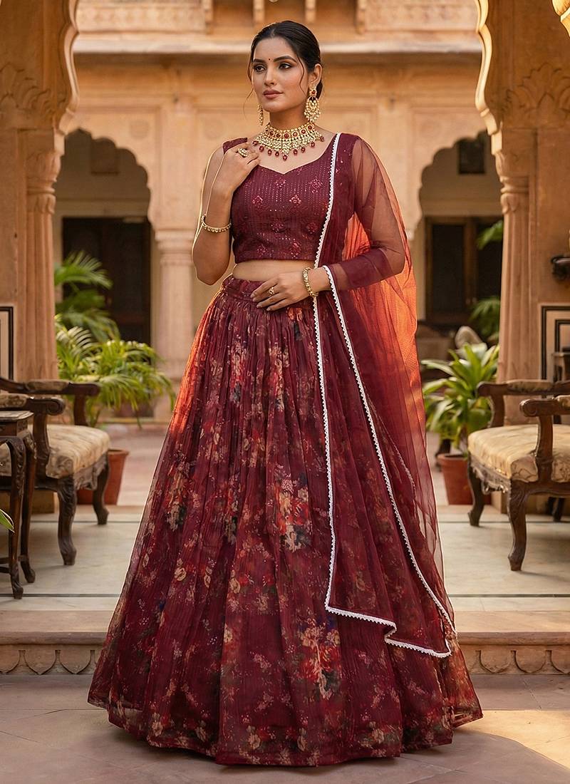 Wine Floral Printed Organza Lehenga set choli dupatta