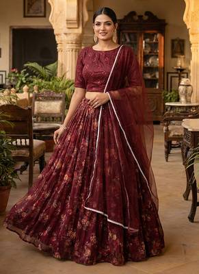 Wine Floral Printed Organza Lehenga choli 2