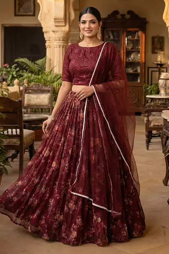Wine Floral Printed Organza Lehenga choli