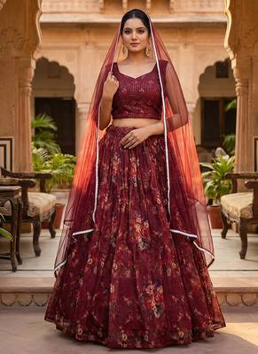 Wine Floral Printed Organza Lehenga choli 3