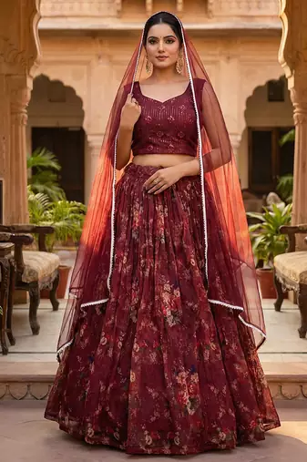 Wine Floral Printed Organza Lehenga choli