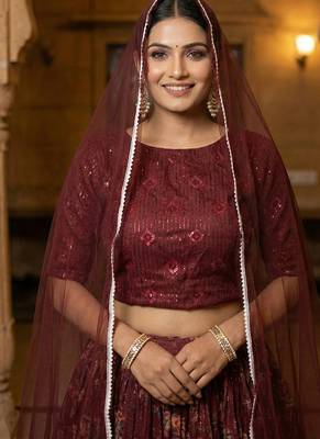 Wine Floral Printed Organza Lehenga choli 4