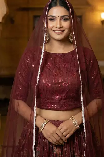 Wine Floral Printed Organza Lehenga choli