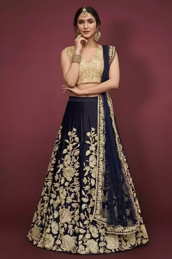 NAVY BLUE ZARI DORI & SEQUINS EMBROIDERED VELVET FESTIVE BRIDAL WEDDING & PARTY WEAR SEMI STITCHED LEHENGA CHOLI