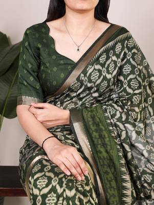 Polyester viscose chanderi ikat print saree with rich zari weaving border 2