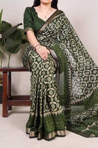 Polyester viscose chanderi ikat print saree with rich zari weaving border