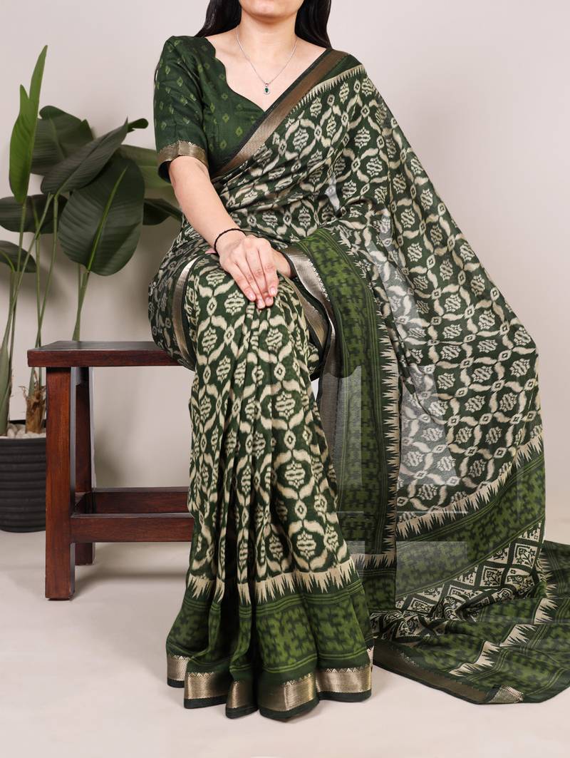 Polyester viscose chanderi ikat print saree with rich zari weaving border