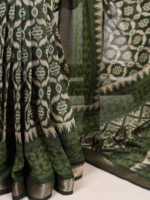 Polyester viscose chanderi ikat print saree with rich zari weaving border 4