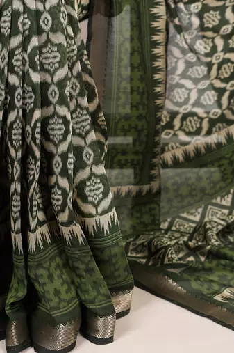 Polyester viscose chanderi ikat print saree with rich zari weaving border