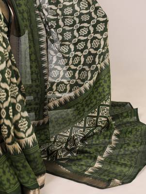 Polyester viscose chanderi ikat print saree with rich zari weaving border 5