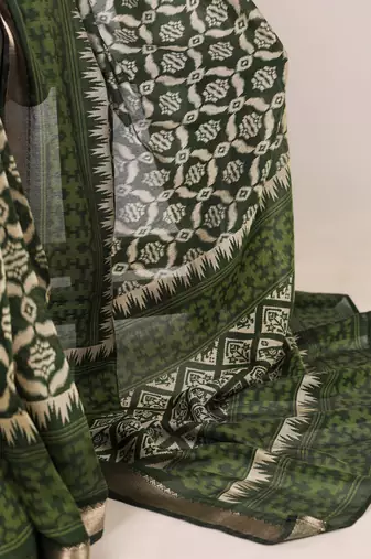 Polyester viscose chanderi ikat print saree with rich zari weaving border
