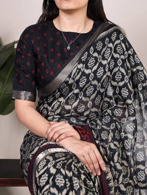 Polyester viscose chanderi ikat print saree with rich zari weaving border 2