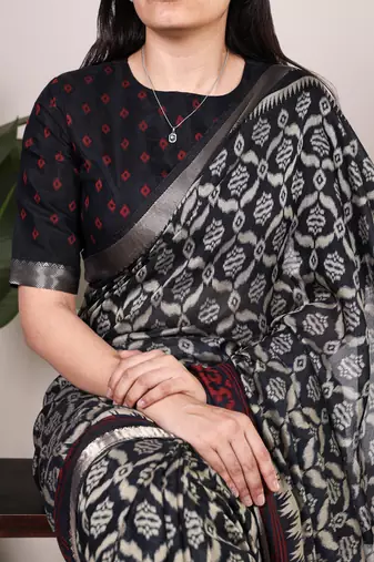 Polyester viscose chanderi ikat print saree with rich zari weaving border