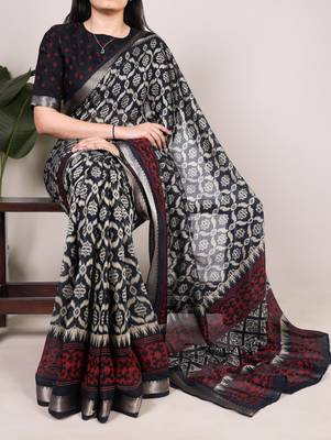 Polyester viscose chanderi ikat print saree with rich zari weaving border 1