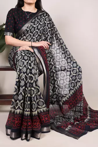 Polyester viscose chanderi ikat print saree with rich zari weaving border