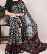 Polyester viscose chanderi ikat print saree with rich zari weaving border