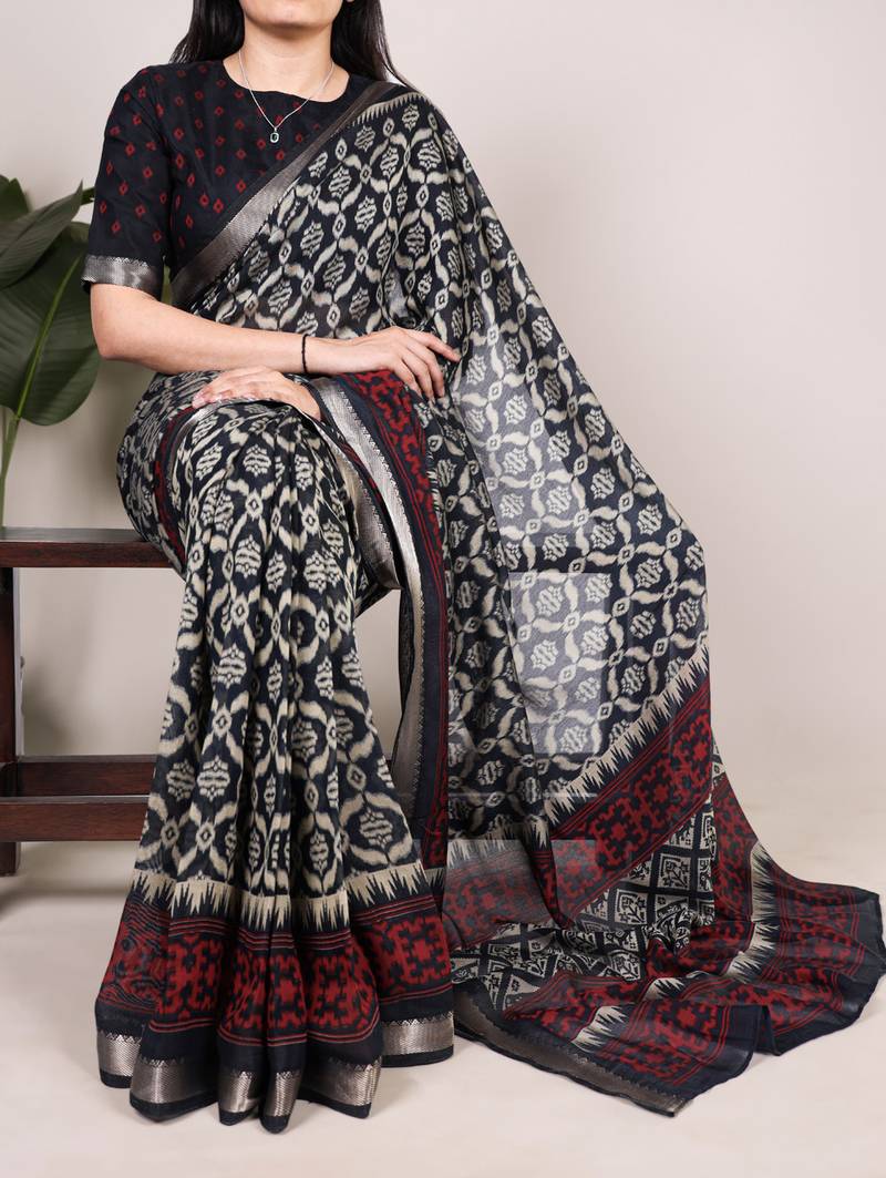 Polyester viscose chanderi ikat print saree with rich zari weaving border