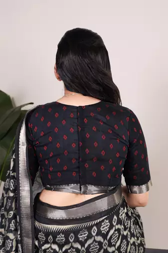 Polyester viscose chanderi ikat print saree with rich zari weaving border