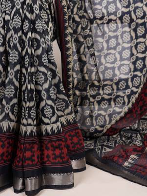 Polyester viscose chanderi ikat print saree with rich zari weaving border 4