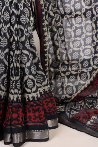 Polyester viscose chanderi ikat print saree with rich zari weaving border