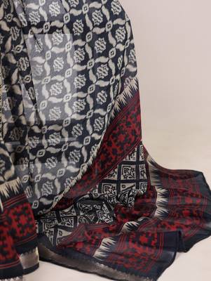 Polyester viscose chanderi ikat print saree with rich zari weaving border 5