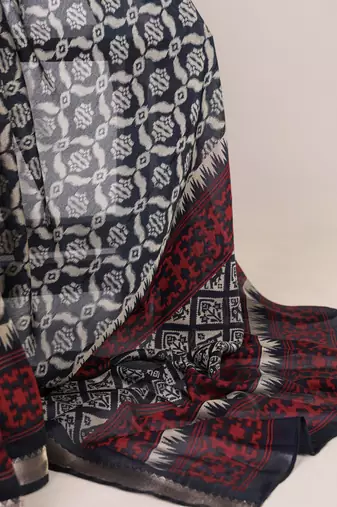Polyester viscose chanderi ikat print saree with rich zari weaving border