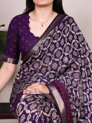 Polyester viscose chanderi ikat print saree with rich zari weaving border 2
