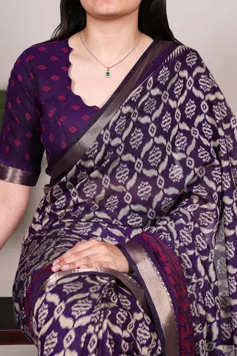 Polyester viscose chanderi ikat print saree with rich zari weaving border