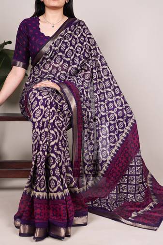 Polyester viscose chanderi ikat print saree with rich zari weaving border