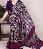 Polyester viscose chanderi ikat print saree with rich zari weaving border