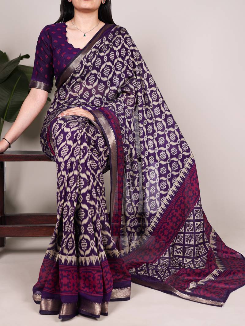 Polyester viscose chanderi ikat print saree with rich zari weaving border