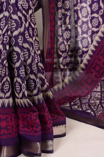 Polyester viscose chanderi ikat print saree with rich zari weaving border
