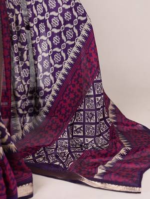 Polyester viscose chanderi ikat print saree with rich zari weaving border 5
