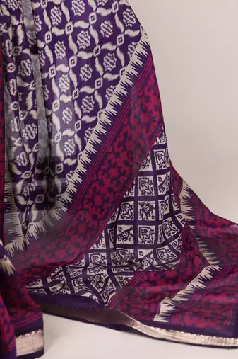 Polyester viscose chanderi ikat print saree with rich zari weaving border