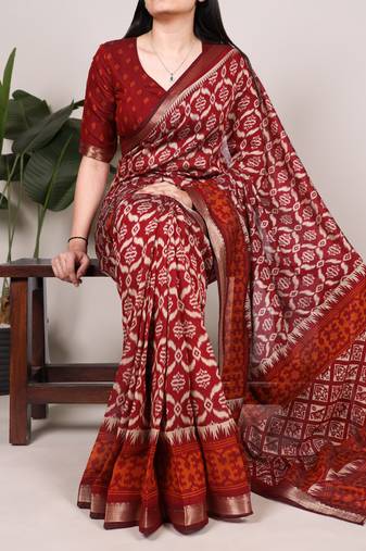 Polyester viscose chanderi ikat print saree with rich zari weaving border