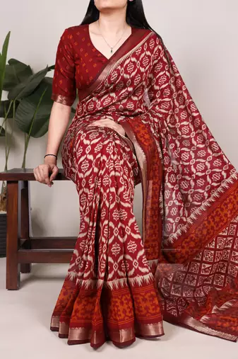 Polyester viscose chanderi ikat print saree with rich zari weaving border