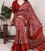 Polyester viscose chanderi ikat print saree with rich zari weaving border