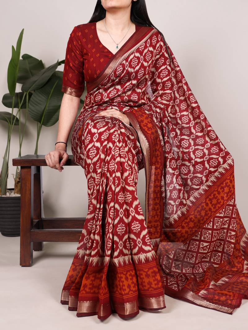 Polyester viscose chanderi ikat print saree with rich zari weaving border
