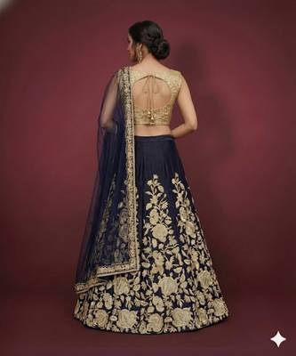 NAVY BLUE ZARI DORI & SEQUINS EMBROIDERED VELVET FESTIVE BRIDAL WEDDING & PARTY WEAR SEMI STITCHED LEHENGA CHOLI 4