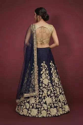 NAVY BLUE ZARI DORI & SEQUINS EMBROIDERED VELVET FESTIVE BRIDAL WEDDING & PARTY WEAR SEMI STITCHED LEHENGA CHOLI