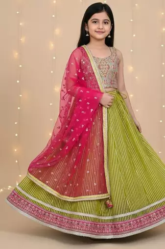 Green embroidered cotton lehenga set