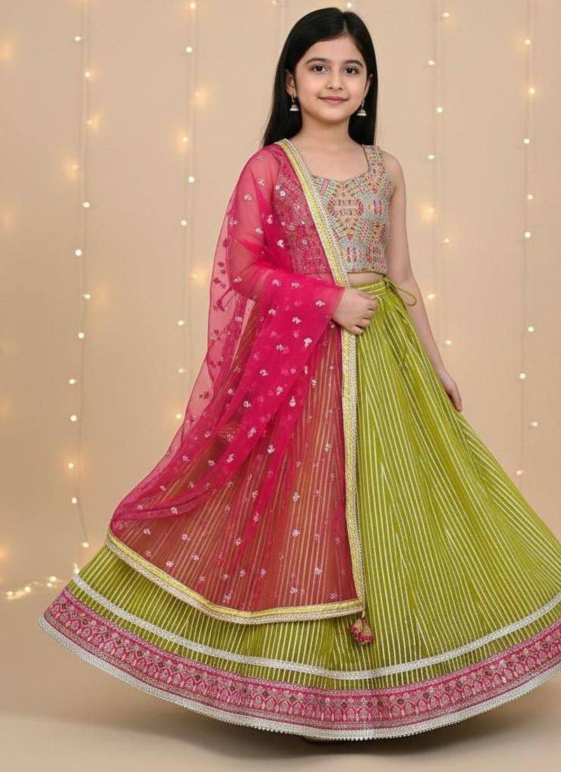 Green embroidered cotton lehenga set