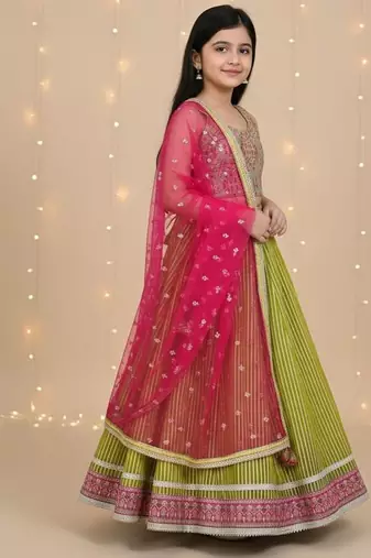 Green embroidered cotton lehenga set