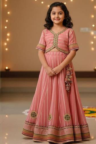 Pink embroidered cotton lehenga set