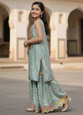 Blue embroidered cotton sharara set 1