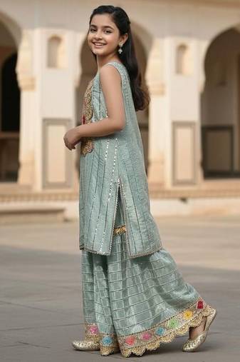 Blue embroidered cotton sharara set